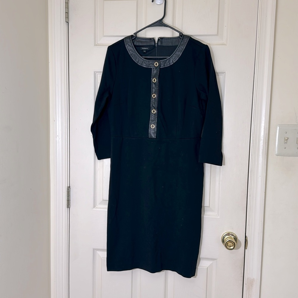 TALBOTS Black Dress With Leather Neckline Size 8 Medium